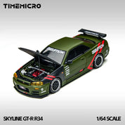 TM 1:64 Skyline GT-R R34 Matte Green Alloy Simulation Car Model