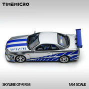 TM 1:64 Skyline GT-R R34 Silver-Blue Alloy Scale Model Car