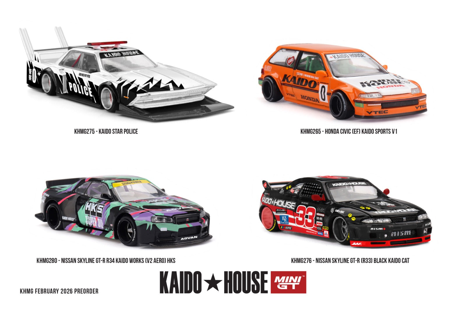 KAIDO HOUSE X MINI GT 1/64 Nissan Skyline GT-R (R33) Black Kaido Cat